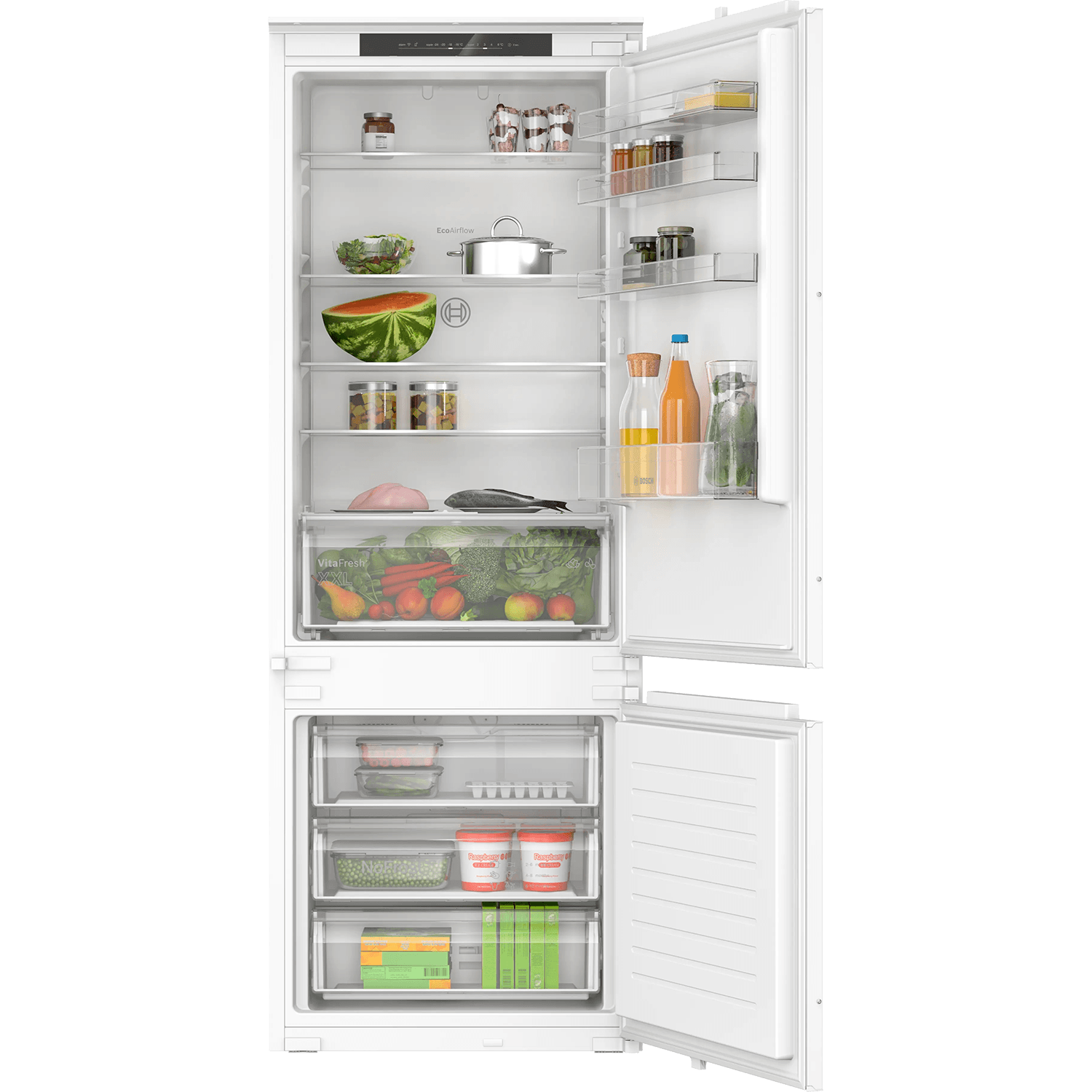 Встраиваемый холодильник Bosch KBN96NSE0 Serie 2, Home Connect, 1935 x 708 x 548 мм, слайдерное крепление дверей, SN-ST, Объем 383 (285+98)л, NoFrost в морозильном отделении, LED-освещение, SuperFreeze, 4 полки из ударопрочного стекла, дверной упор правый (перенавешиваемый). электронная регулировка и контроль температуры, автоматика оттаивания в холодильном отделении, класс энергопотребления A+,VitaFresh