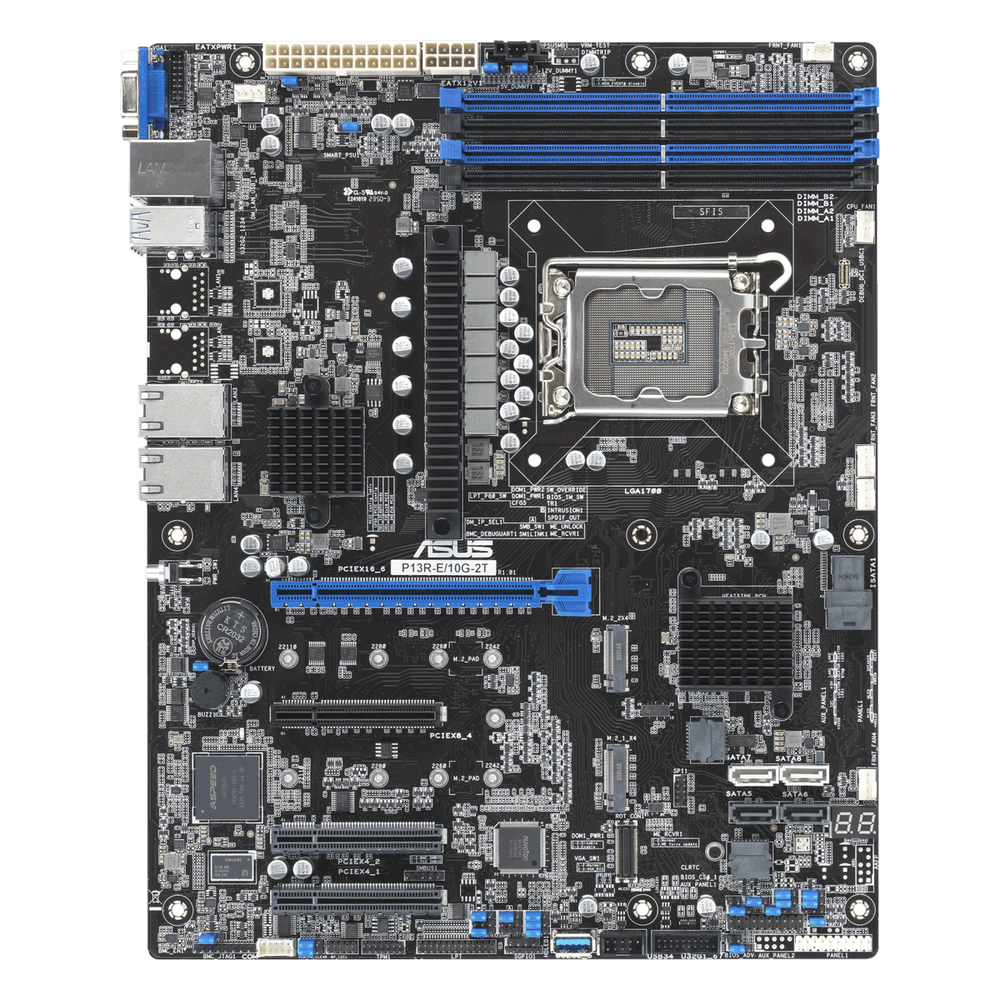 Серверная материнская плата ASUS P13R-E/10G-2T, LGA1700, Intel C266, 4xDDR5 (ECC), 8xSATA, 2xM.2, 1xPCIe 5.0 x16, 3xPCIe 5.0 x8, 1xVGA, 3x10Gb LAN, 4xUSB-A 10Gbps, 2xUSB-A 5Gbps, 2xUSB-A 2.0, ATX