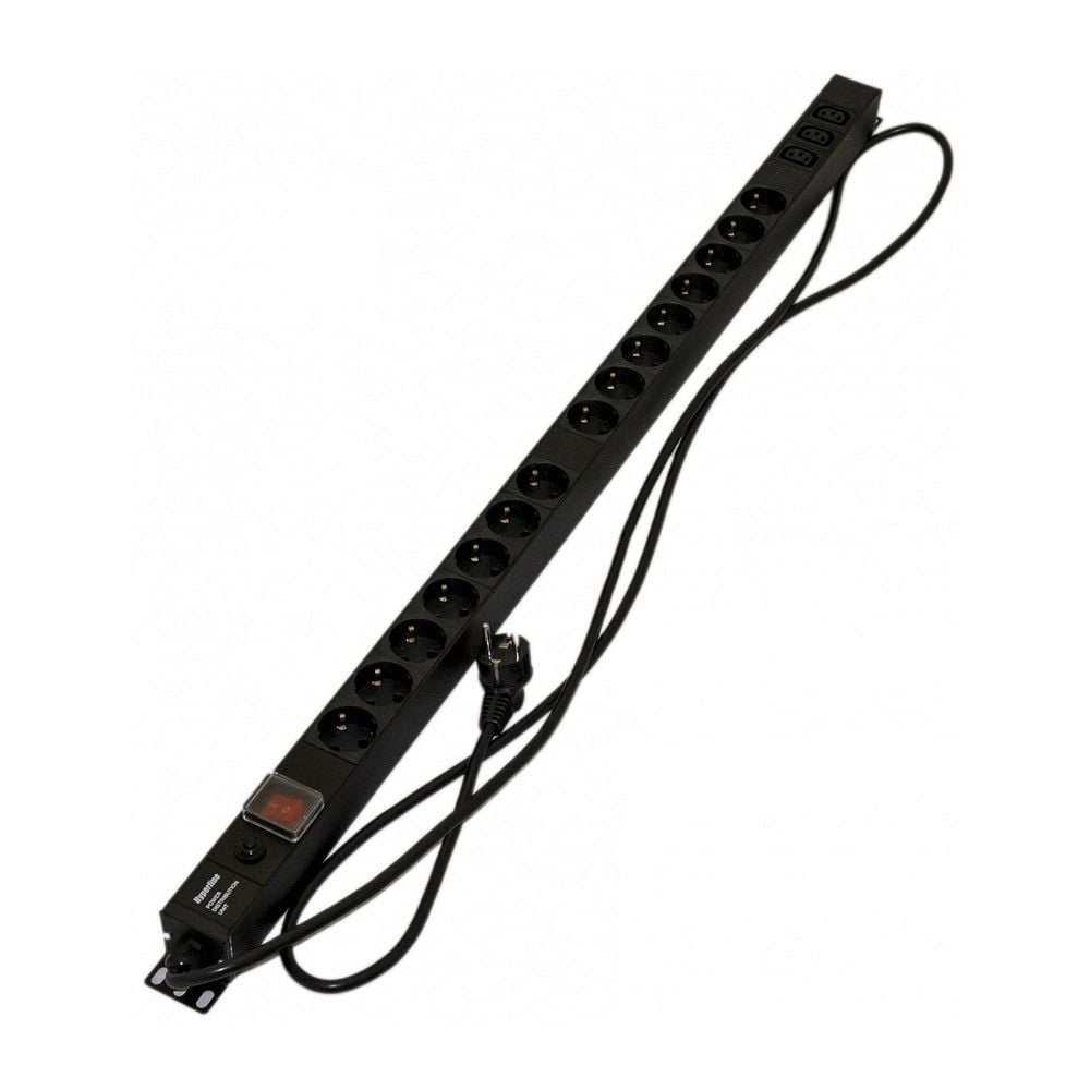 Сетевой фильтр Hyperline Hyperline SHE-15SH-3IEC-SF-2.5EU Блок розеток, вертикальный, 15 розеток Schuko, 3 розетки IEC320 C13, выключ. с подсветкой, защита от перенапряж., кабель питания 2.5м (3х1.5мм2) с вилкой Schuko 16A, 250В, 1040x44.4x44.4мм (ДхШхВ), корпус алюминий, черный