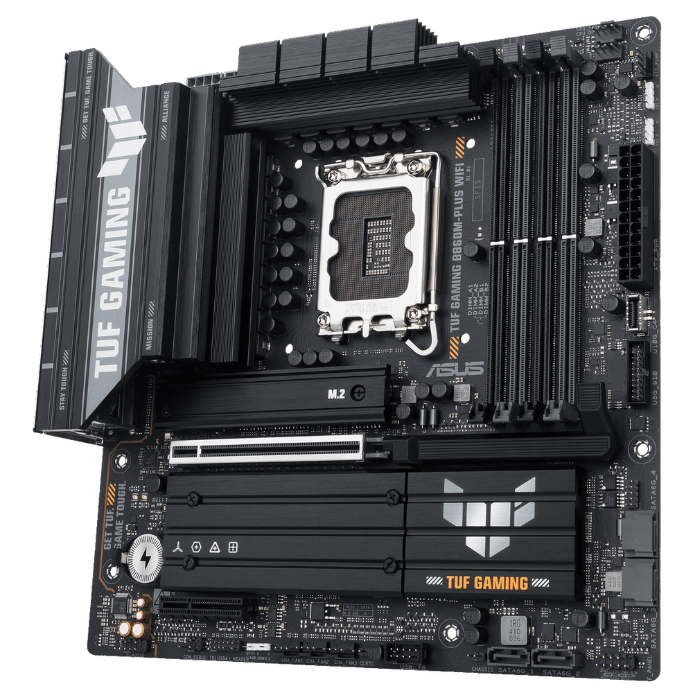 Материнская плата ASUS TUF GAMING B860M-PLUS WIFI, LGA 1851, Intel B860, 4xDDR5, 4xSATA, 3xM.2, 1xPCIe 5.0 x16, 1xPCIe x4, 1xUSB-C, 4xUSB-A 3.2 Gen 1, 2xUSB-A 3.2 Gen 2, 1xHDMI, 1xDP, 1x2.5Gb LAN, 7.1, mATX