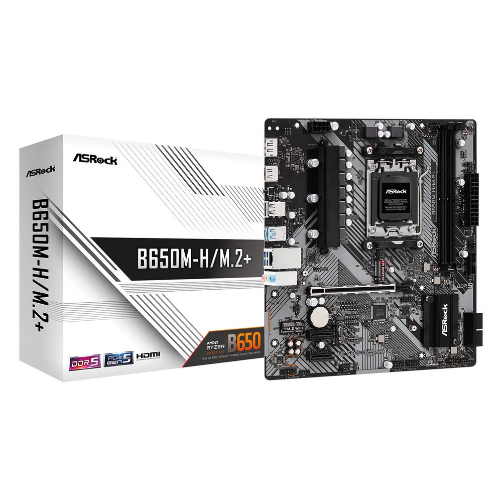 Материнская плата ASRock B650M-H/M.2+, Socket AM5, AMD B650, 2xDDR5-5200, HDMI+DP, 1xPCI-Ex16, 2xPCI-Ex1, 4xSATA3(RAID 0/1/10), 2xM.2, 8 Ch Audio, 1x2.5GLan, (2+4)xUSB2.0, (3+2)xUSB3.2, (1+0)xUSB3.2 Type-C™, mATX, RTL
