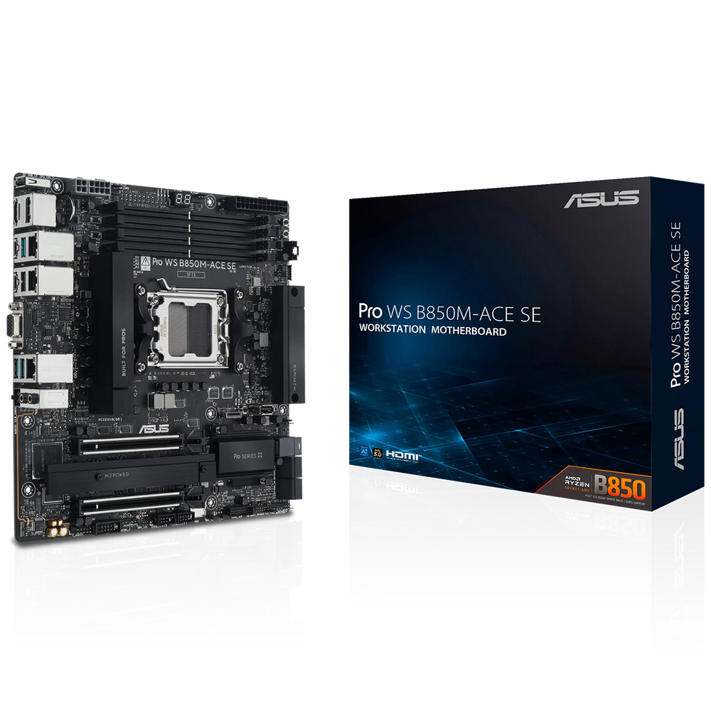 Материнская плата ASUS PRO WS B850M-ACE SE, AM5, AMD B850, 4xDDR5, 4xSATA, 2xM.2, 1xPCIe 5.0 x16, 1xPCIe 4.0 x16, 1xVGA, 1xHDMI, 1xDP, 1x2.5Gb LAN, 1x10Gb LAN, 2xUSB-C 10Gbps, 3xUSB-A 10Gbps, 2xUSB-A 2.0, 7.1, mATX