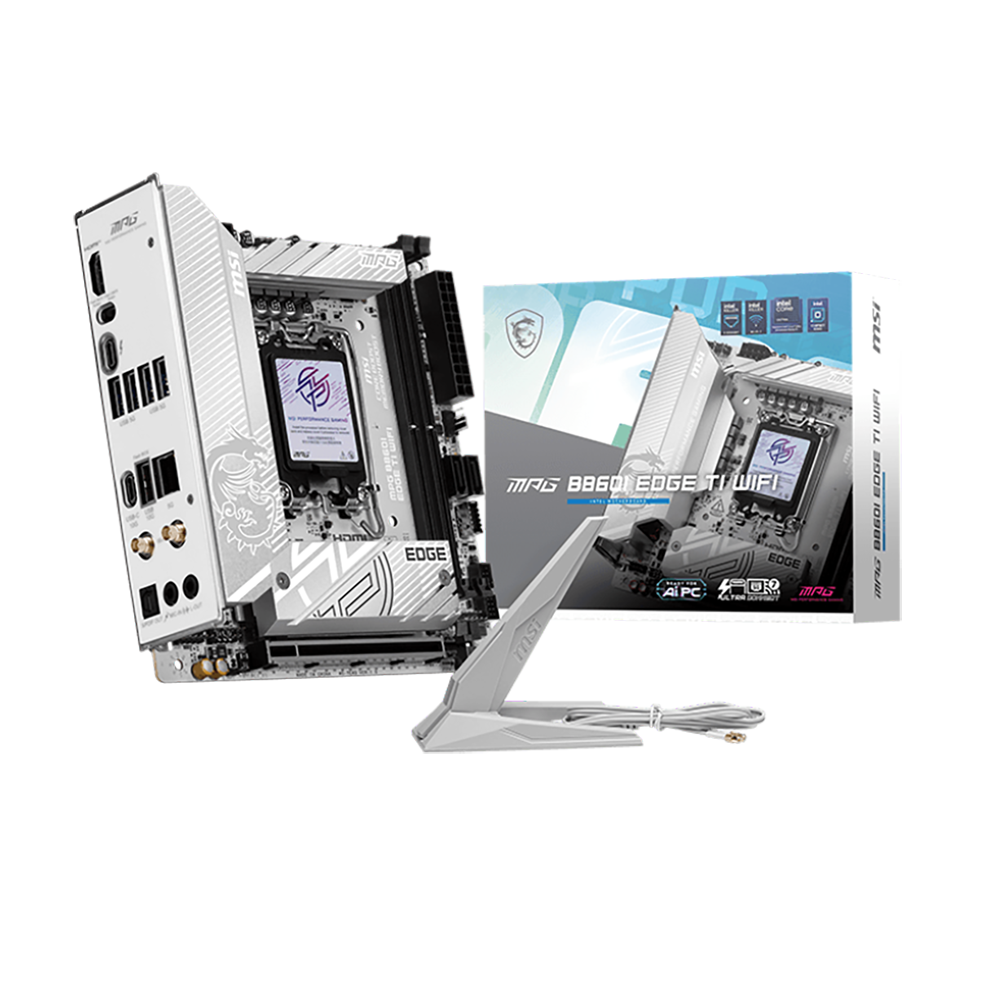 Материнская плата MSI MPG B860I EDGE TI WIFI, LGA 1851, Intel B860, 2xDDR5 (до 128 ГБ), 2xSATA, 2xM.2 (1xPCIe 5.0, 1xPCIe 4.0/SATA), 1xPCIe 5.0 x16, 1xHDMI, 1x5Gb LAN, Wi-Fi 7, Bluetooth 5.4, 1xUSB-C 40Gbps (Thunderbolt 4), 1xUSB-C 10Gbps, 1xUSB-A 10Gbps, 4xUSB-A 5Gbps, 2xUSB-A 2.0, 3x3.5 мм + S/PDIF оптический, 7.1, белый/серебристый, Mini-ITX