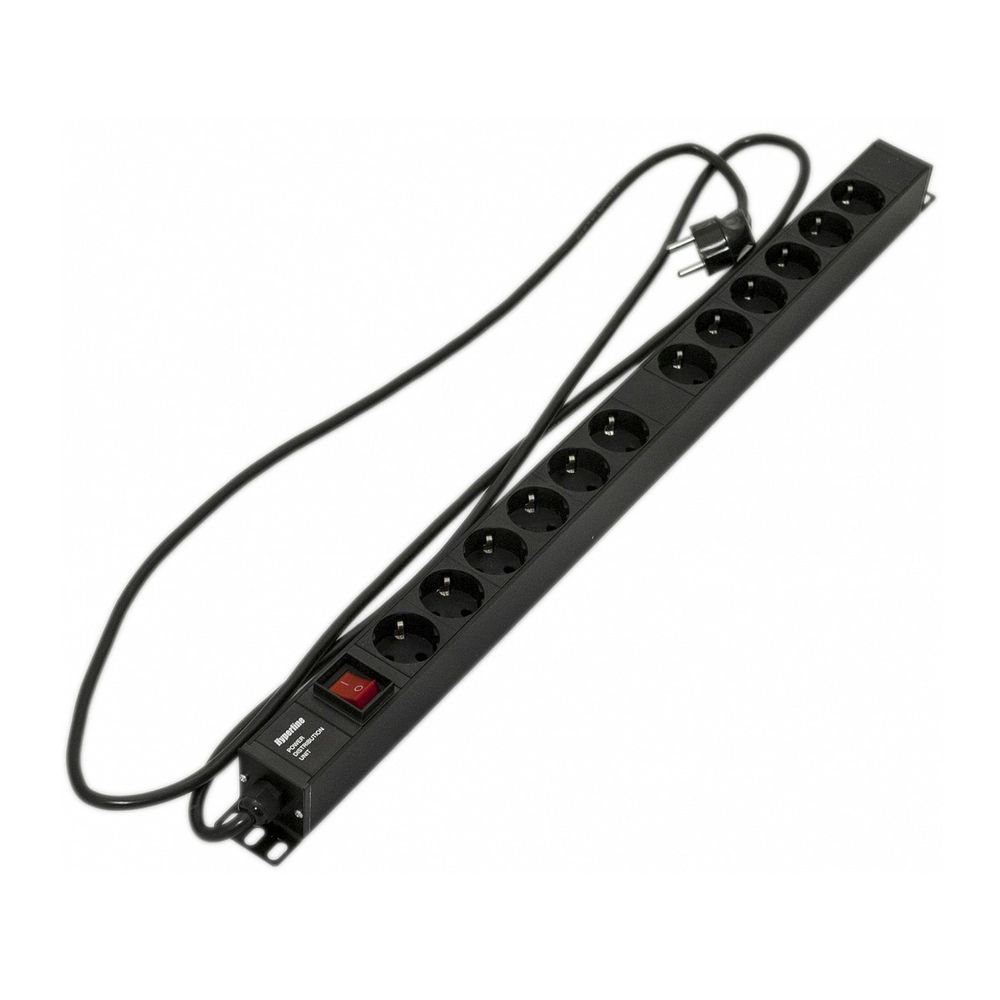 Сетевой фильтр Hyperline Hyperline SHE-12SH-S-2.5EU Блок розеток, вертикальный, 12 розеток Schuko, выключатель с подсветкой, кабель питания 2.5м (3х1.5мм2) с вилкой Schuko 16A, 250В, 730x44.4x44.4 мм (ДхШхВ), корпус алюминий, черный (086839)