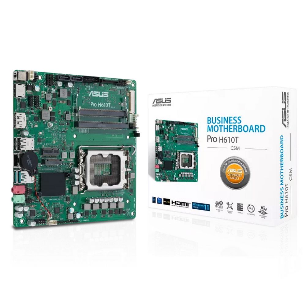 Материнская плата ASUS Pro H610T-CSM, LGA 1700, Intel H610, 2xDDR5, 2xSATA, 1xM.2, 1xPCIe x1, 1xHDMI, 1xDP, 1x 1Gb LAN, 2xUSB-A 2.0, 2xUSB-A 3.2 Gen 2, 2x3.5 мм, 7.1, Thin Mini-ITX