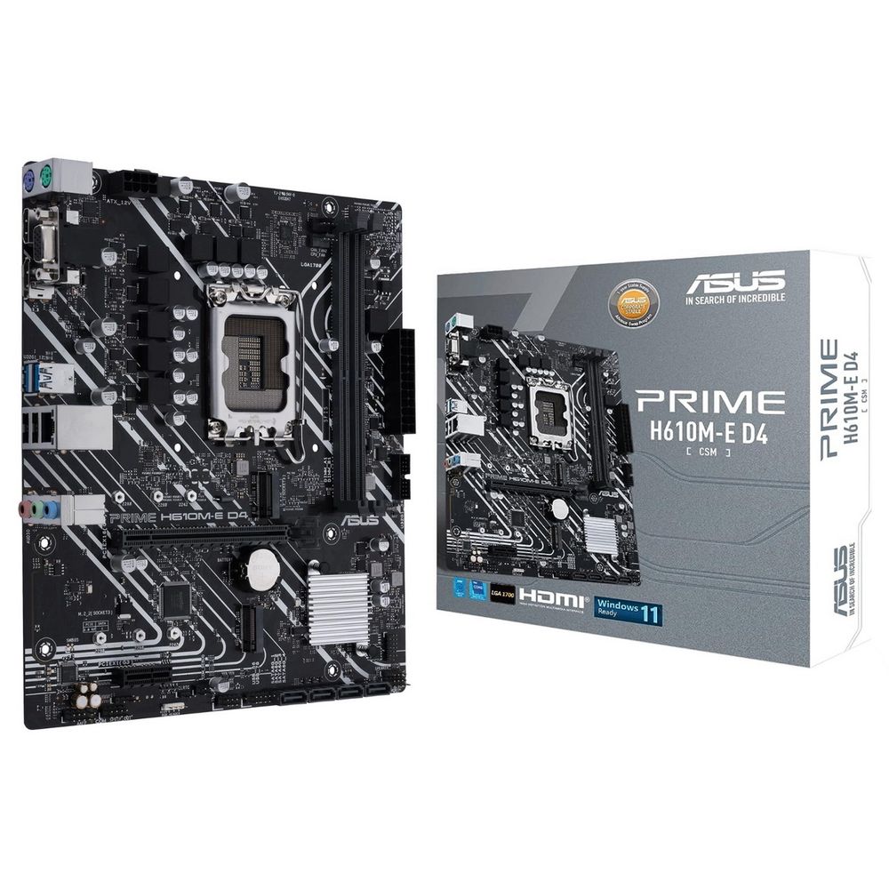 Материнская плата ASUS PRIME H610M-E D4-CSM, LGA1700, H610, 2*DDR4, 4*SATA, 2*M.2, 2*USB 3.2, 2*USB 2.0, 1*PCIx16, 1*PCIx1, HDMI+DP+D-Sub, mATX; 90MB19N0-M1EAYC