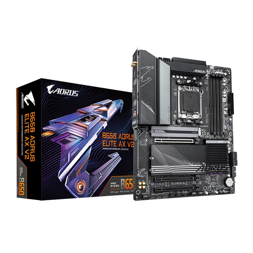 Материнская плата Gigabyte Bad Pack B650 AORUS ELITE AX V2, Socket AM5, AMD B650, 4xDDR5-5200, HDMI+DP, 3xPCI-Ex16, 4xSATA3(RAID 0/1/10), 3xM.2, 8 Ch Audio, 2.5GLan, WiFi, (4+4)xUSB2.0, (7+2)xUSB3.2, (1+1)xUSB3.2 Type-C™, ATX, RTL bp