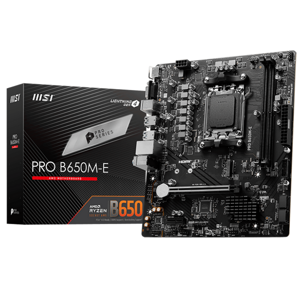 Материнская плата PRO B650M-E, AM5, AMD B650, 2xDDR5, 4xSATA, 1xM.2, 1xPCIe 4.0 x16, 1xPCIe 3.0 x1, 1xHDMI, 1xVGA, 1x1Gb LAN, Wi-Fi 6E, Bluetooth 5.3, 4xUSB-A 5Gbps, 6xUSB-A 2.0, 3x3.5 мм, 7.1, mATX
