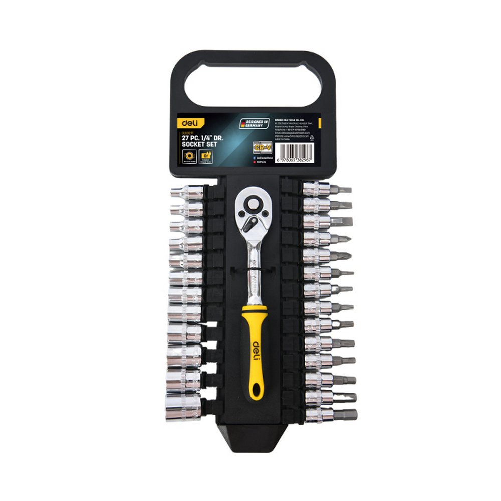 Набор головок Deli DL0027T, 27 предметов, 1/4", трещотка 45 зубьев