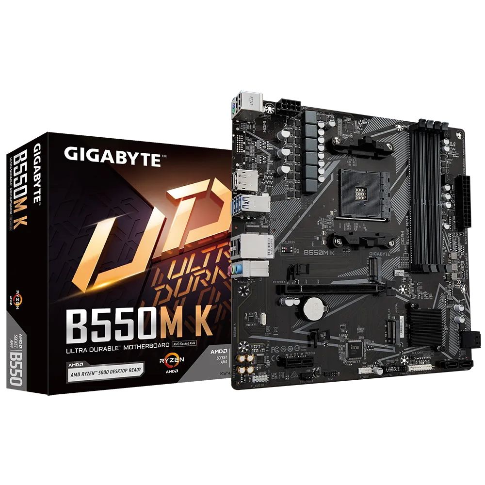 Материнская плата Gigabyte Bad Pack B550M K, Socket AM4, AMD B550, 4xDDR4-3200, HDMI+DP, 1xPCI-Ex16, 1xPCI-Ex1, 4xSATA3(RAID 0/1/10), 2xM.2, 8 Ch Audio, GLan, (4+2)xUSB2.0, (4+2)xUSB3.2, 1xPS/2, mATX, RTL {10} bp