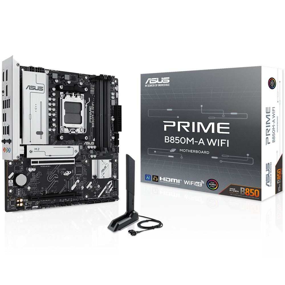 Материнская плата ASUS PRIME B850M-A WIFI, AM5, AMD B850, 4xDDR5, 4xSATA, 3xM.2, 1xPCIe 5.0 x16, 1xPCIe 4.0 x16, DisplayPort, HDMI, 1x2.5Gb LAN, 8xUSB, 3x3.5 мм, 7.1, microATX
