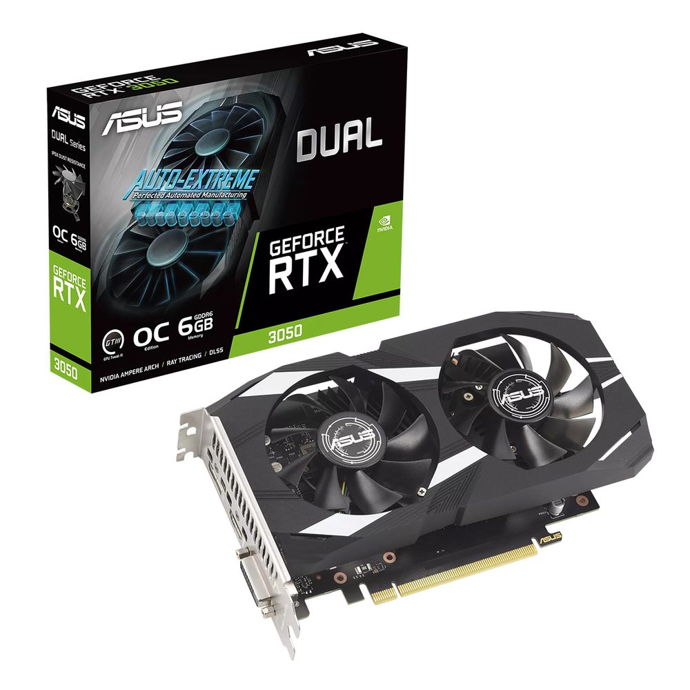 Видеокарта Asus NVIDIA - GeForce RTX 3050 Dual OC, PCI-E 4.0 16x, GDDR6 6GB 96bit, 1x DVI-D, 1x HDMI, 1x DP, 70Вт, 201мм, 90YV0K60-M0NA00