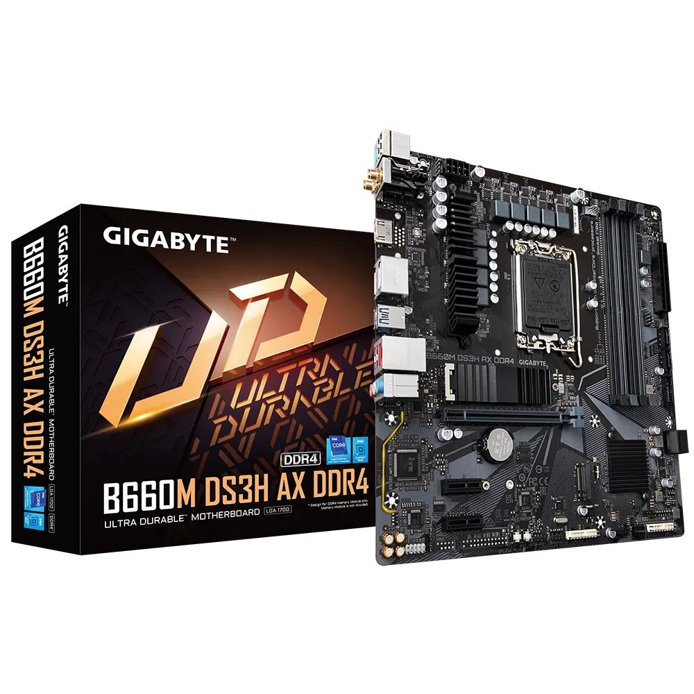 Материнская плата Gigabyte B660M DS3H AX DDR4, Socket 1700, Intel®B660, 4xDDR4-3200, HDMI+DP+DP, 1xPCI-Ex16, 2xPCI-Ex1, 4xSATA3(RAID 0/1/5/10), 2xM.2, 8Ch Audio, 2.5GbLan, WiFi, (2+4)xUSB2.0, (3+2)xUSB3.2, (1+0)xUSB3.2 Type-C™, 1xPS/2, mATX, RTL (829971)