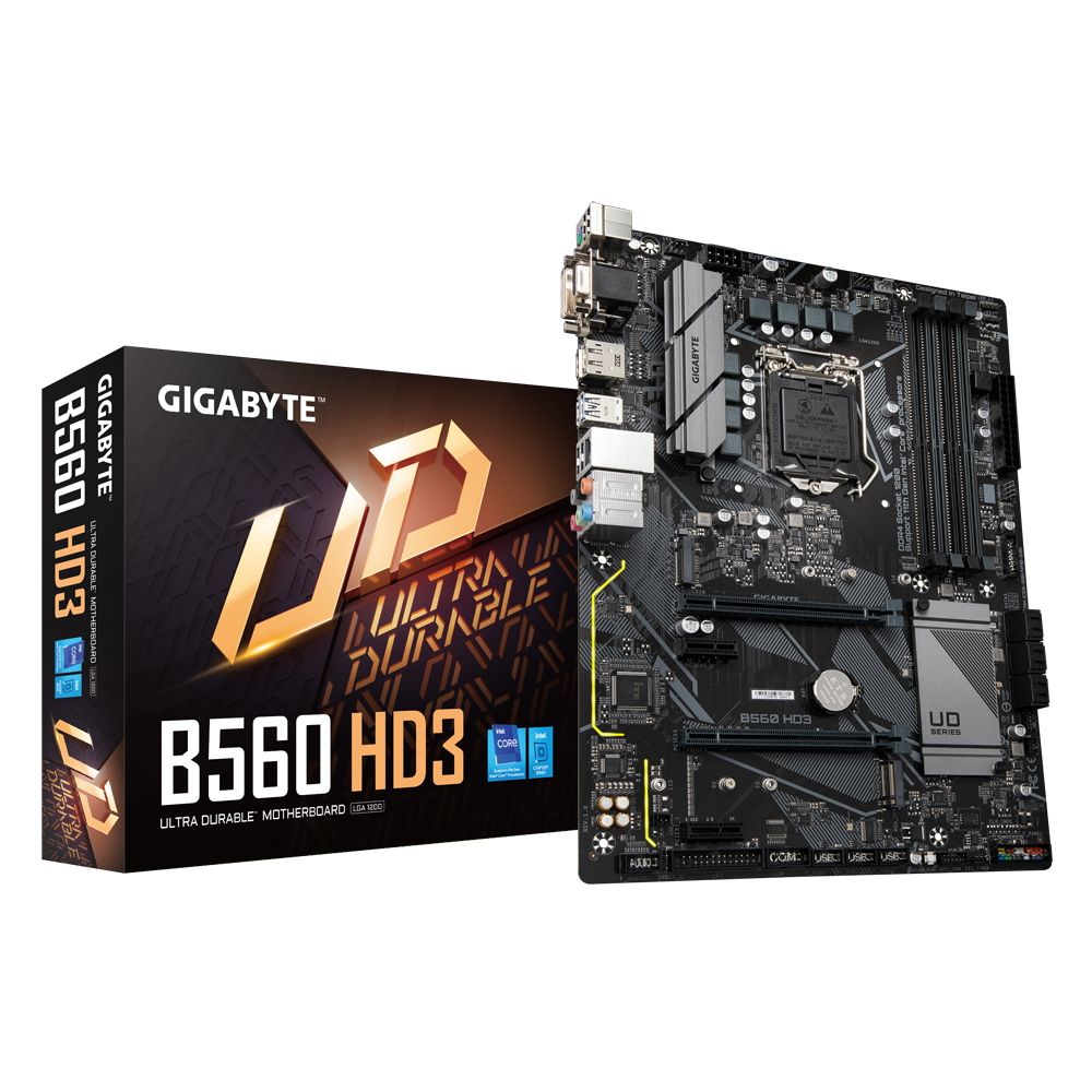 Материнская плата Gigabyte B560 HD3, Socket 1200, Intel®B560, 4xDDR4-3200, D-SUB+DVI-D+HDMI+DP, 2xPCI-Ex16, 2xPCI-Ex1, 6xSATA3, 2xM.2, 8Ch Audio, GLan, (2+4)xUSB2.0, (4+2)xUSB3.2, 1xPS/2, ATX, OEM, {815509}