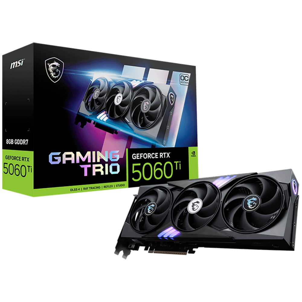 Видеокарта MSI NVIDIA - GeForce RTX 5060 Ti Gaming Trio OC, PCI-E 5.0, GDDR7 8GB 128bit, 1x HDMI, 3x DP, 180Вт, 300мм, RTX 5060 TI 8G GAMING TRIO OC