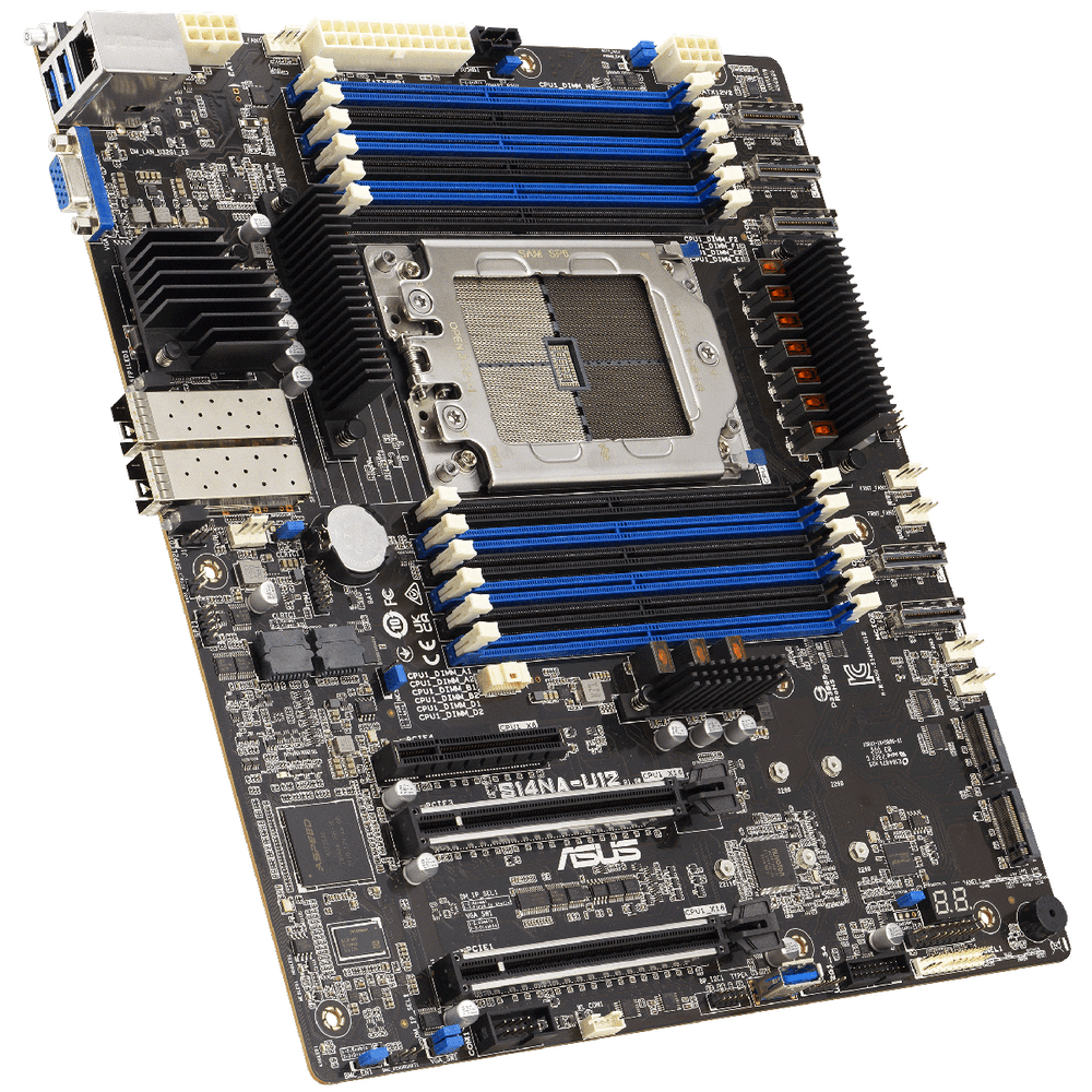 Материнская плата серверная ASUS S14NA-U12, 1xSP6 (LGA4844), AMD EPYC, 12xDDR5 (ECC RDIMM), 2xM.2, 2xPCIe 5.0 x16, 1xPCIe 5.0 x8, 1xVGA, 2x25Gb LAN (SFP28), 2xUSB-A 5Gbps, CEB