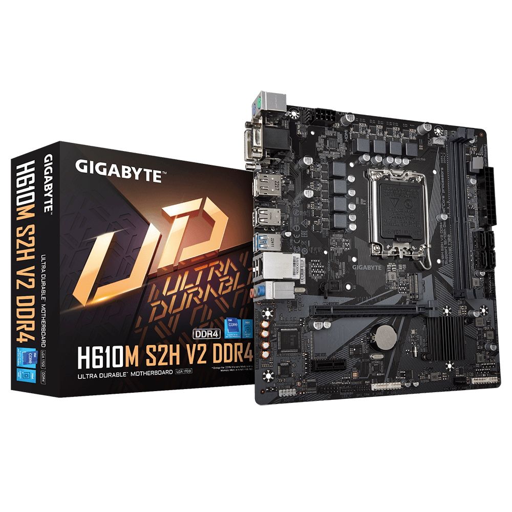 Материнская плата Gigabyte H610M S2H V2 DDR4, Socket 1700, Intel®H610, 2xDDR4-3200, D-SUB+DVI-D+HDMI+DP, 1xPCI-Ex16, 1xPCI-Ex1, 4xSATA3, 1xM.2, 8Ch Audio, GLan, (4+4)xUSB2.0, (2+2)xUSB3.2, 2xPS/2, mATX, RTL