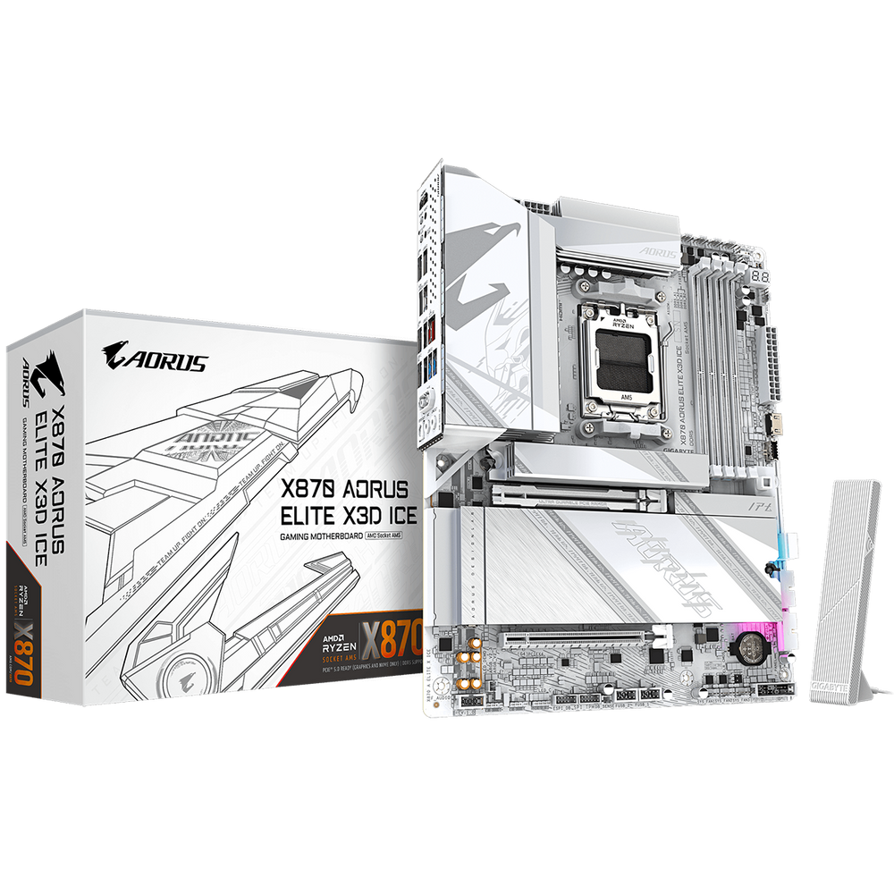 Материнская плата Gigabyte X870 AORUS ELITE X3D ICE, AM5, AMD X870, 4xDDR5, 2xSATA, 4xM.2, 1xPCIe 5.0 x16, 1xPCIe 4.0 x16, 1xHDMI, 1x5Gb LAN, Wi-Fi 7, Bluetooth 5.4, 2xUSB-C 40Gbps (USB4), 1xUSB-C 10Gbps, 2xUSB-A 10Gbps, 4xUSB-A 5Gbps, 1xUSB-A 2.0, 3x3.5 мм + S/PDIF оптический, 7.1, ATX