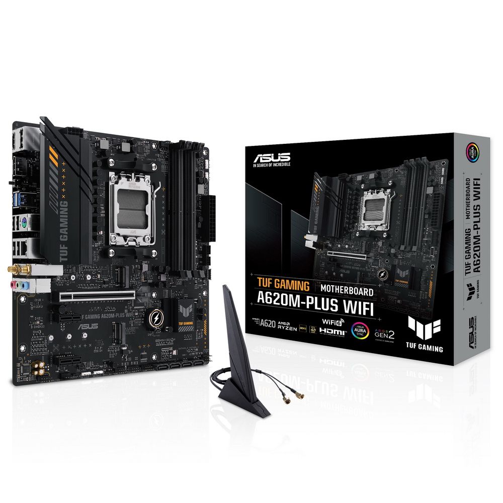 Материнская плата ASUS TUF GAMING A620M-PLUS WIFI, AM5, AMD A620, 4xDDR5, 4xSATA, 2xM.2, 1xPCIe 4.0 x16, 2xPCIe x1, 2xDisplayPort, HDMI, 1x2.5Gb LAN, 6xUSB, 3x3.5 мм, 7.1, microATX