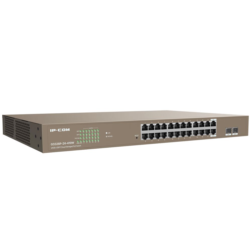 Коммутатор IP-COM G3326P-24-410W Коммутатор управляемый PoE, 24 порта 24x1 Гбит/с, SFP 2x1 Гбит/с, PoE 24x30Вт (до 370Вт), установка в стойку, металлический
