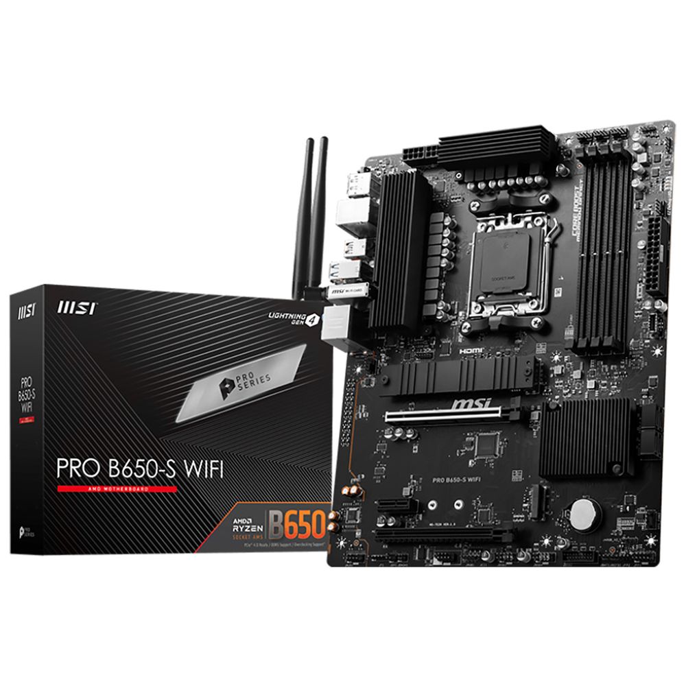 Материнская плата MSI Bad Pack PRO B650-S WIFI \601-7E26-040,10 \801-7E26-004 \STD OPT:C PRO B650-S WIFI, B650, AM5, 4DDR5, 2PCI-Ex16, 1PCI-Ex1, 2M.2, 4SATA3, 1USB 20G, 4USB 10G, 6US\