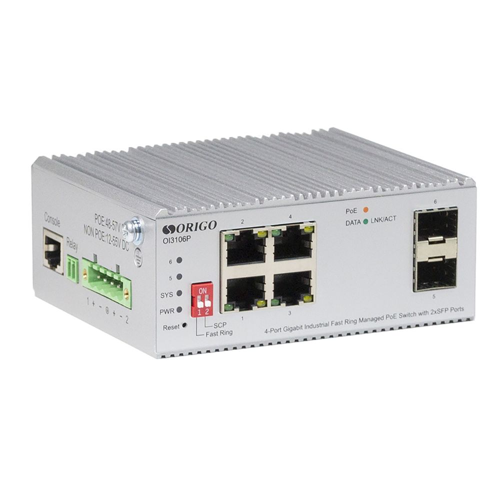 Коммутатор ORIGO Промышленный управляемый L2 PoE-коммутатор, 4x1000Base-T PoE, 2x1000Base-X SFP, PoE-бюджет 60 Вт, защита от статического электричества до 4 кВ, -40..75°C