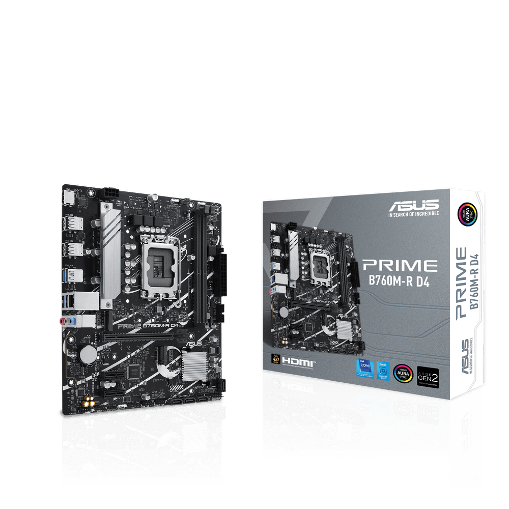 Материнская плата ASUS PRIME B760M-R D4, LGA1700, B760, 2*DDR4, 4*SATA, 2*M.2, 4*USB 3.2, 4*USB 2.0, 1*PCIx16, 2*PCIx1, HDMI, mATX; 90MB1HA0-M0EAY0