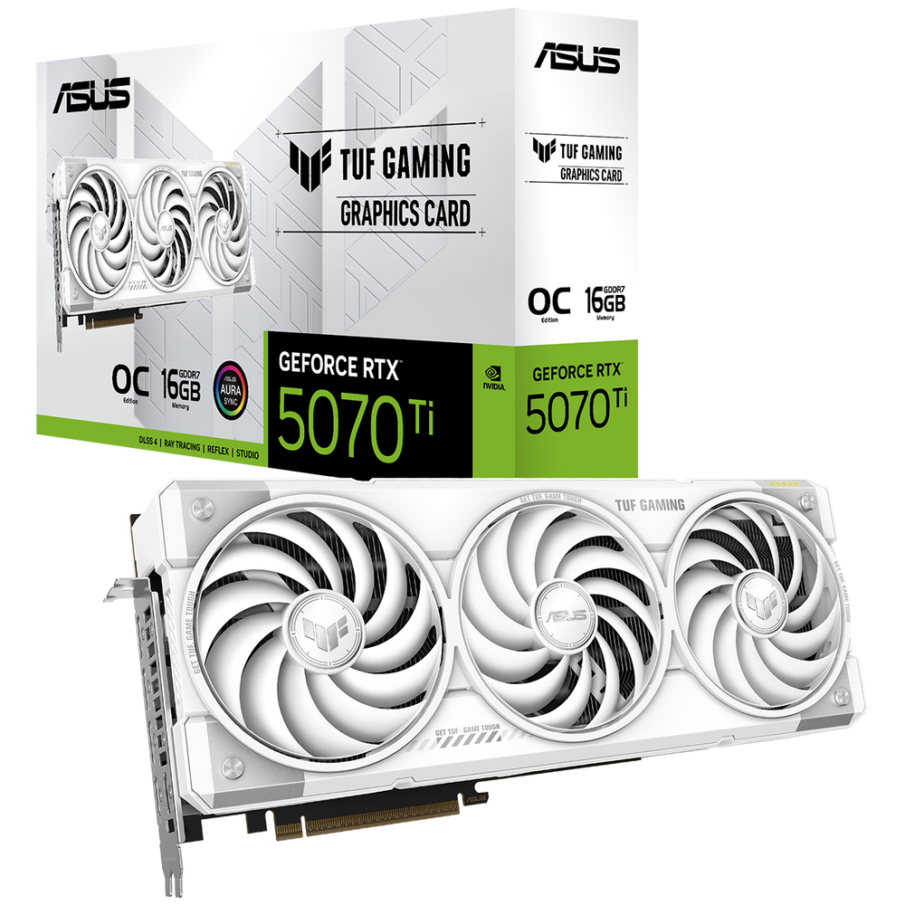 Видеокарта ASUS TUF Gaming GeForce RTX 5070 Ti White OC Edition, 16 GB GDDR7, 256 bit, 3xDisplayPort, 2xHDMI, GPU 2610 MHz