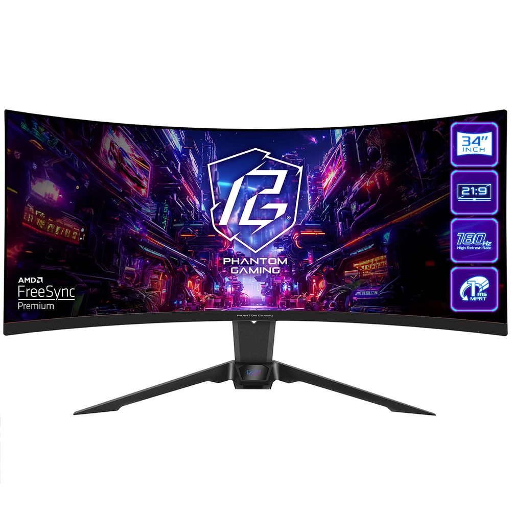 Монитор ASRock - PG34QRT2B, 34", 21:9, VA, 1 мс, 500cd/m², 3000:1, 3440x1440 (UltraWide WQHD), 180 Гц, 2x HDMI, 2x DP, USB-hub, HAS, HAS, speakers, curved, цвет чёрный, PG34QRT2B
