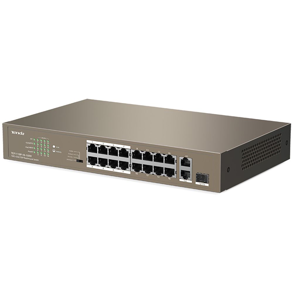 Коммутатор Tenda TEF1118P-16-150W Коммутатор неуправляемый PoE, 18 портов 18х100 Мбит/с, 2x1 Гбит/с, PoE 16х30 Вт (до 130Вт), установка в стойку