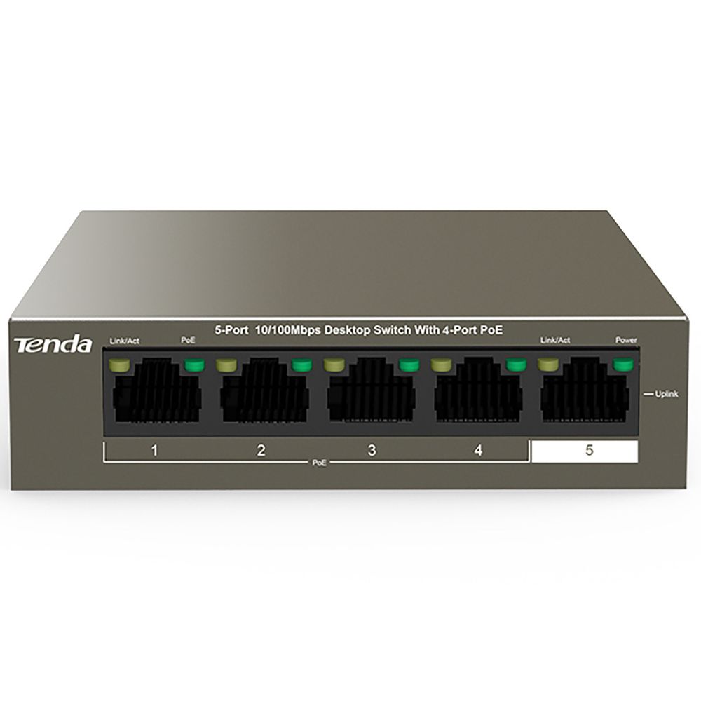 Tenda TEF1105P-4-63W - Коммутатор PoE неуправляемый, 5 портов PoE 10/100 Мбит/с Base-TX RJ45. Грозозащита по PoE до 6 кВ. Порты 1-4 IEEE 802.3at/af PoE (до 30Вт на порт). Бюджет PoE 58 Вт