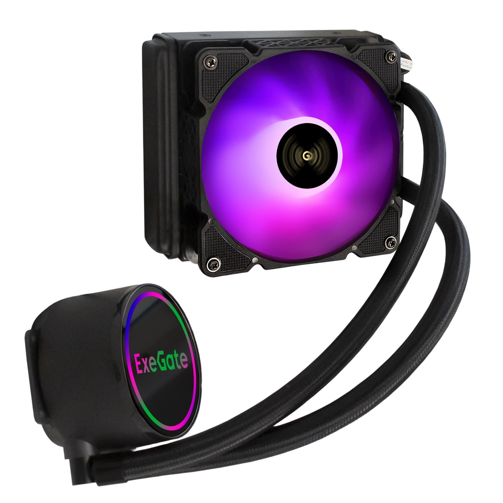 Комплект водяного охлаждения ExeGate BlackWater-120.PWM.ARGB (3 PIN 5V ADDRESSABLE RGB подсветка, LGA2066/2011/1366/1150/1151/1155/1156/1200/1700/AM4/AM5/FM1/FM2/FM2+/AM2/AM2+/AM3/AM3+, TDP 150W, Fan 120mm, PWM, 800-2000RPM, Hydro bearing, 4pin, 11-27db, с термопастой, на винтах, черный, Color Box)