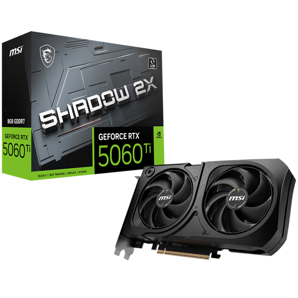 Видеокарта MSI RTX 5060 Ti 8G SHADOW 2X PLUS, NVIDIA RTX 5060 Ti, 8 ГБ GDDR7, 128 бит, PCI-e 5.0, 1xHDMI, 3xDP, 2587 МГц
