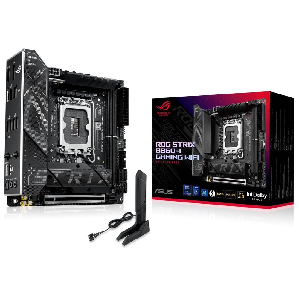 Материнская плата ASUS ROG STRIX B860-I GAMING WIFI, LGA1851, Intel B860, 2xDDR5, 4xSATA, 2xM.2, 1xPCIe 5.0 x16, 1xDP, 1xHDMI, 1xThunderbolt 4, 1x2.5Gb LAN, Wi-Fi 7, 2xUSB 2.0, 3xUSB 3.2 Gen 1, 1xUSB 3.2 Gen 2, 1xUSB 3.2 Gen 2x2, 1xUSB-C, 1xS/PDIF, 2x3.5 мм, 7.1, Mini-ITX