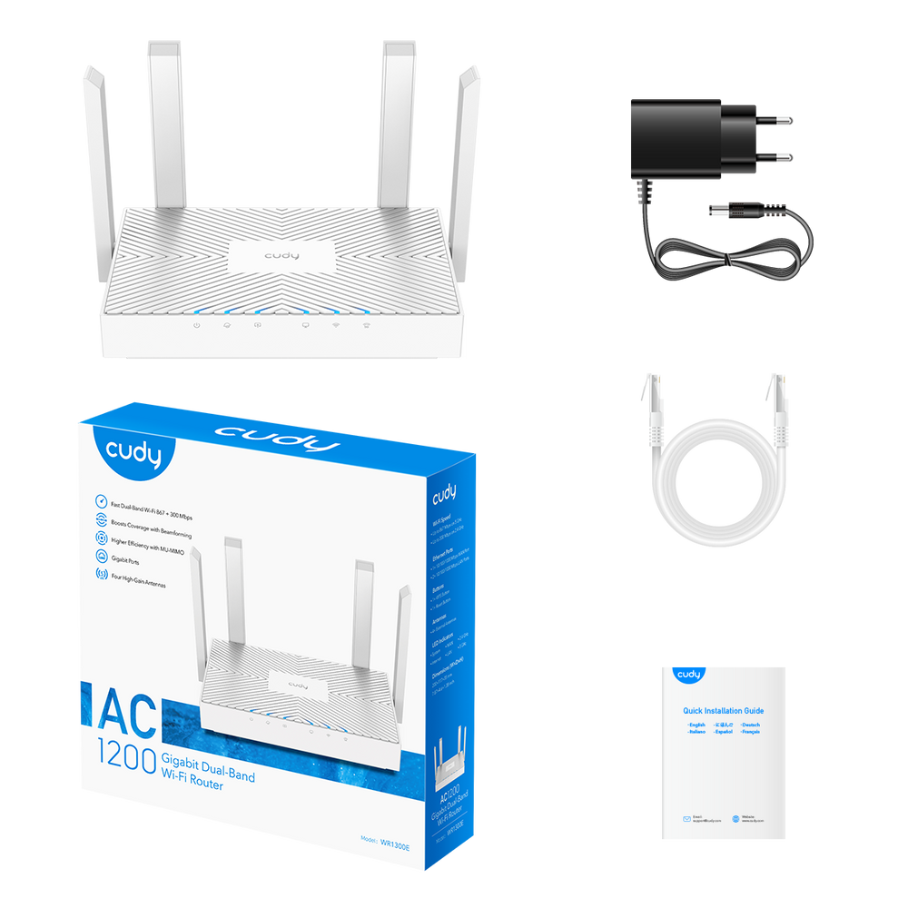 Маршрутизатор CUDY WR1300E AC1200 Gigabit Wi-Fi Router Dual Band, Chipset MediaTek, 3 × 10/100/1000Mbps RJ45 Ports, 4 x 5dBi fixed antennas,  WiFi router/AP/ Repeater/WISP Mode, 802.11ac/a/b/g/n, 867Mbps at 5GHz + 300Mbps at 2.4GHz, DDNS, WiFi Schedule, IPv6,  WPS,WPA3, IPTV, WOL, T