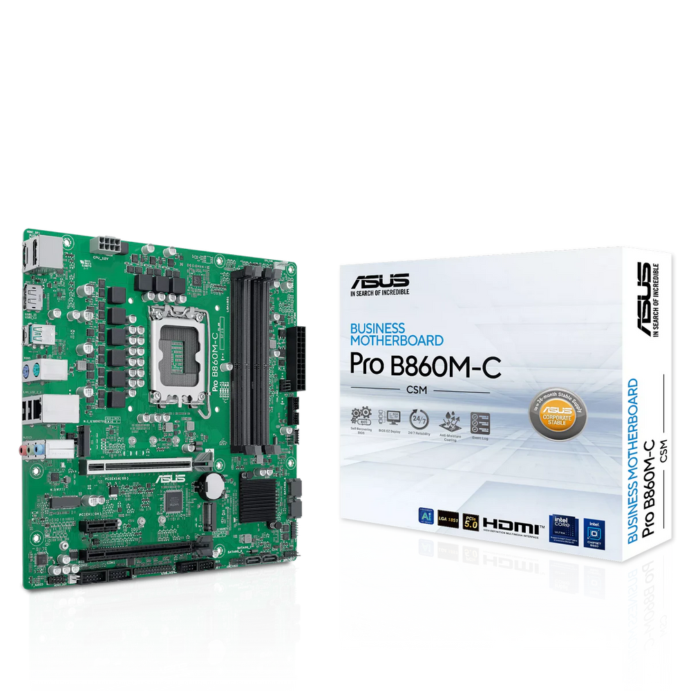 Материнская плата ASUS PRO B860M-C-CSM, LGA 1851, Intel B860, 4xDDR5, 4xSATA, 2xM.2, 1xPCIe 5.0 x16, 1xPCIe 4.0 x16, 1xPCIe 3.0 x1, 1xHDMI, 2xDP, 1x1Gb LAN, 1xUSB-C 10Gbps, 1xUSB-A 10Gbps, 2xUSB-A 2.0, 3x3.5 мм, 7.1, mATX