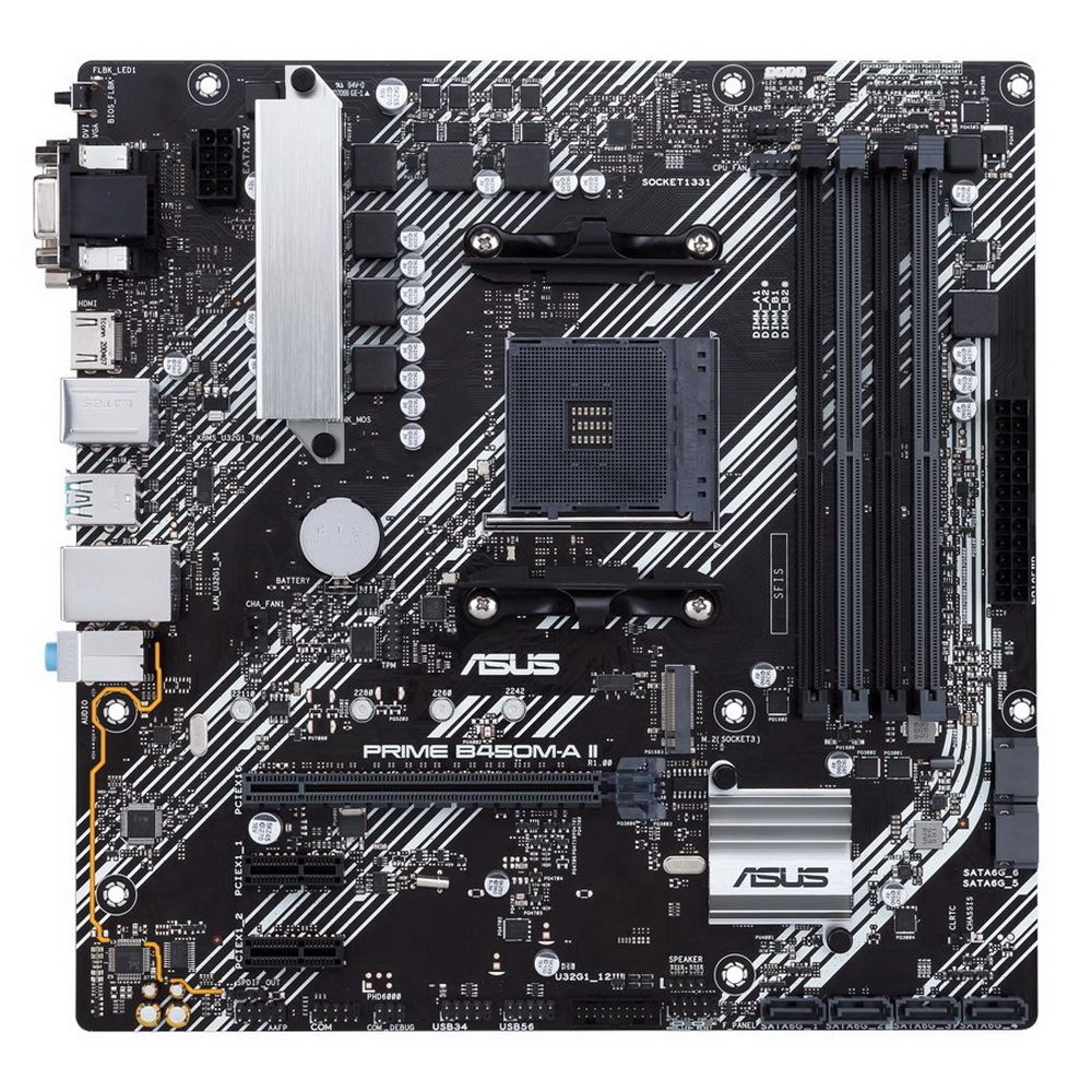 Материнская плата ASUS PRIME B450M-A II, AM4, AMD B450, 4xDDR4, 6xSATA, 1xM.2, 1xPCIe 3.0 x16, 2xPCIe x1, 1xHDMI, 1xDVI-D, 1xVGA, 1x 1Gb LAN, 4xUSB 3.2 Gen 1, 2xUSB 3.2 Gen 2, 3x3.5 мм, 7.1, mATX
