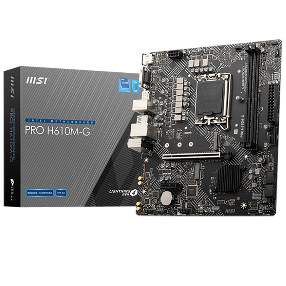 Материнская плата MSI PRO H610M-G OEM LGA 1700, Intel H610, 2xDDR5, 4xSATA, 1xM.2 (PCIe 3.0 x4), 1xPCIe 4.0 x16, 2xPCIe x1, 1xVGA, 1xHDMI, 1xDP, 1x1Gb LAN, 4xUSB-A 5Gbps, 2xUSB-A 2.0, 1xPS/2, 3x3.5 мм, 7.1, чёрный, mATX