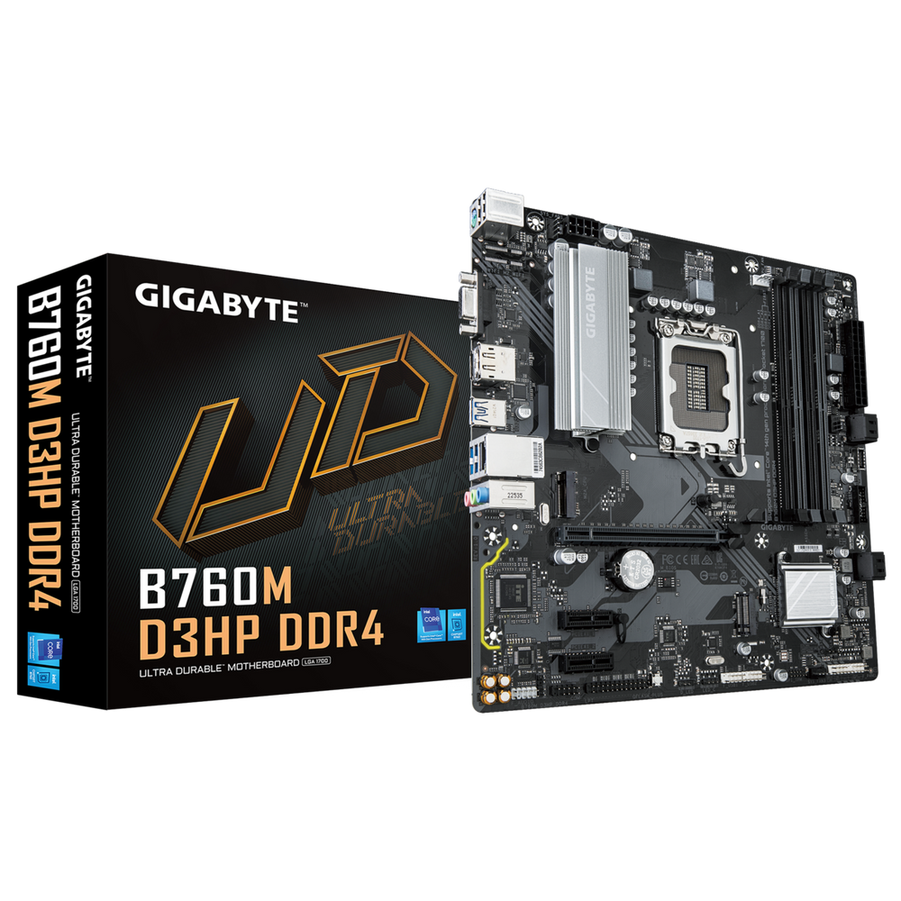 Материнская плата Gigabyte B760M D3HP DDR4, LGA1700, Intel®B760, 4xDDR4-3200, D-SUB+HDMI+DP, 1xPCI-Ex16, 2xPCI-Ex1, 4xSATA3(RAID 0/1/5/10), 2xM.2, 8Ch Audio, GLan, (2+4)xUSB2.0, (3+2)xUSB3.2, (0+1)xUSB3.2 Type-C™, 1xPS/2, ATX, RTL bp (B760M D3HP DDR4 плохая упаковка)