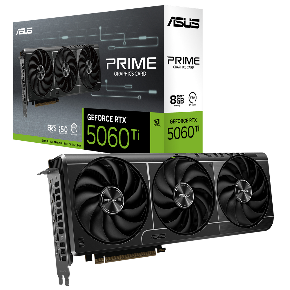 Видеокарта ASUS GeForce RTX 5060 Ti 8G PRIME, NVIDIA RTX 5060 Ti, 8 ГБ GDDR7, 128 бит, PCI-e 5.0, 1xHDMI, 3xDP, 2602 МГц