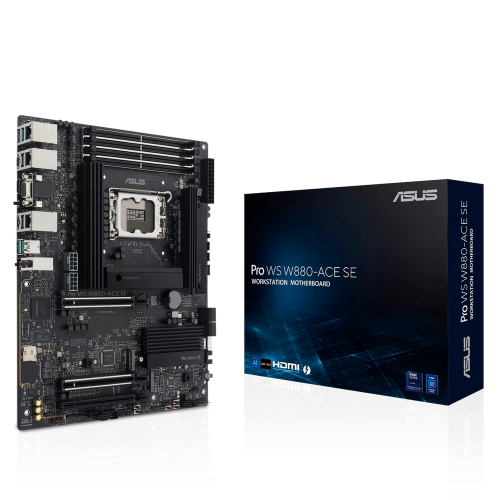 Материнская плата ASUS PRO WS W880-ACE SE, LGA1851, Intel W880, 4xDDR5, 4xSATA, 4xM.2, 1xPCIe 5.0 x16, 1xPCIe 5.0 x8, 1xPCIe 4.0 x16, 1xHDMI, 1xVGA, 3x2.5Gb LAN, 1xThunderbolt 4, 1xUSB-C 20Gbps, 6xUSB-A 10Gbps, 2x3.5 мм, 7.1, ATX