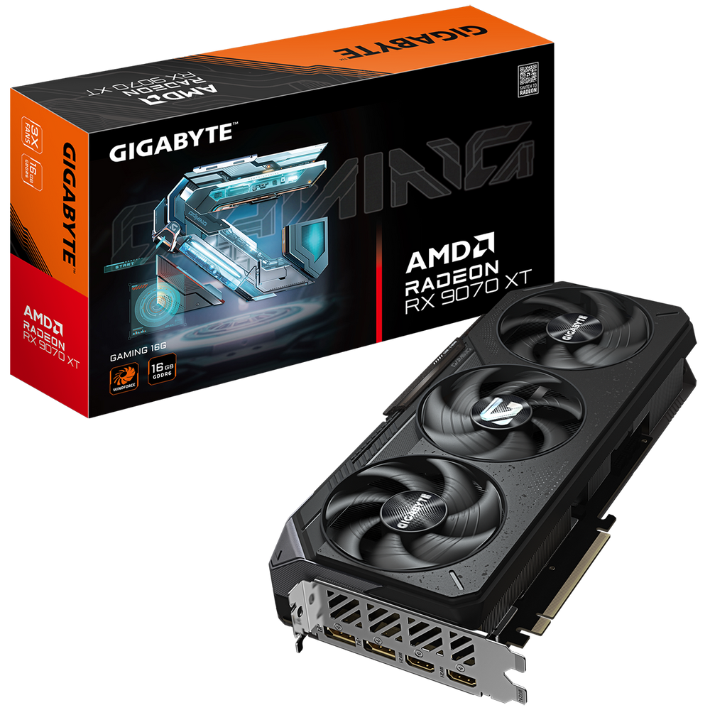 GV-R9070XTGAMING-16GD - Видеокарта, Gigabyte, Radeon RX 9070 XT GAMING 16G (GV-R9070XTGAMING-16GD) 4719331356149, GDDR6, 256bit, 2-HDMI, 2-DP, Windforce 3X Fan, 288*132*56 мм, Цветная коробка
