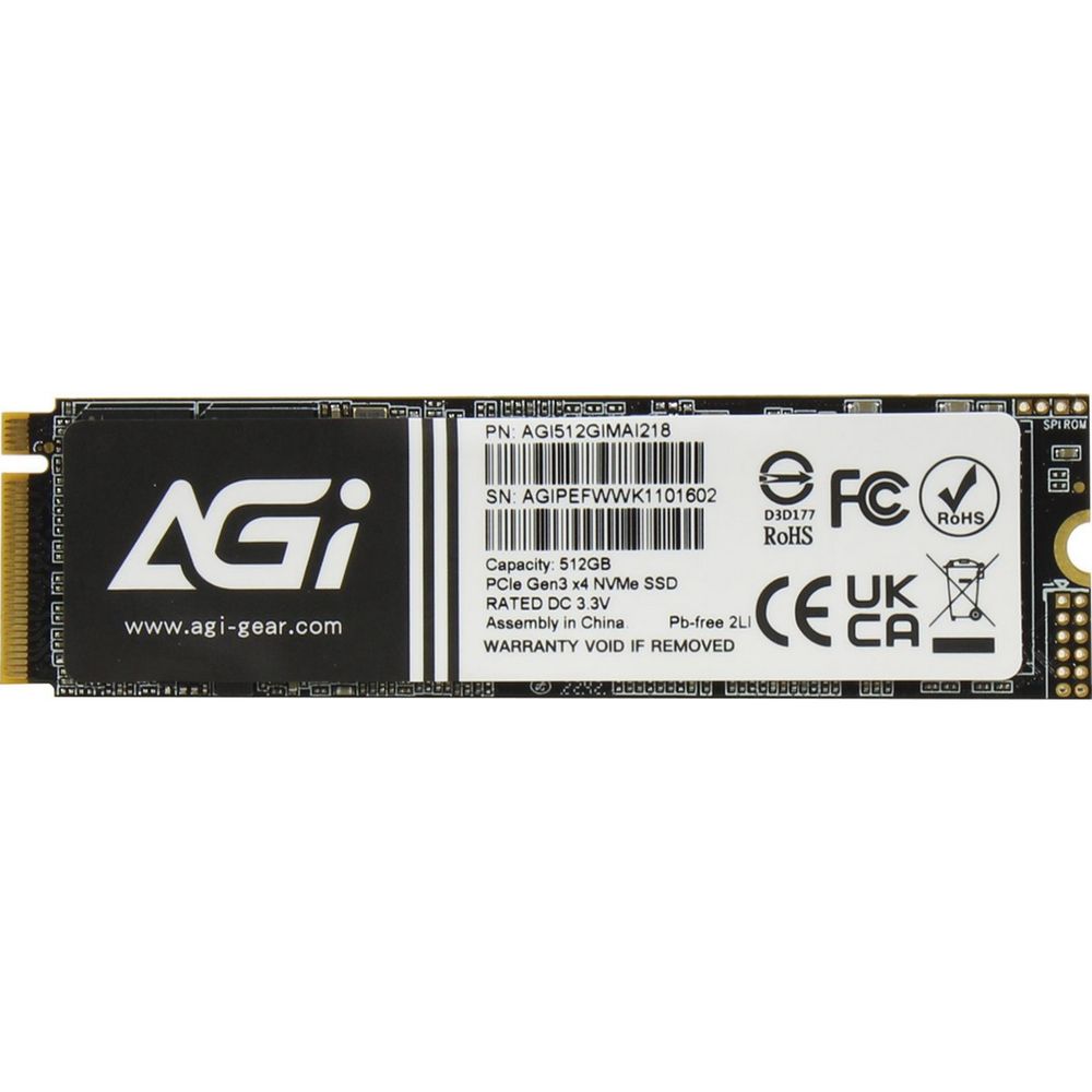 Твердотельный накопитель SSD AGI M.2 2280 512GB  AI218 Client SSD  PCIe Gen3x4 with NVMe, 3080/2200, IOPS 183/306K, MTBF 1.6M, 3D NAND TLC, 1024MB, 200TBW, 0,36DWPD, Bulk