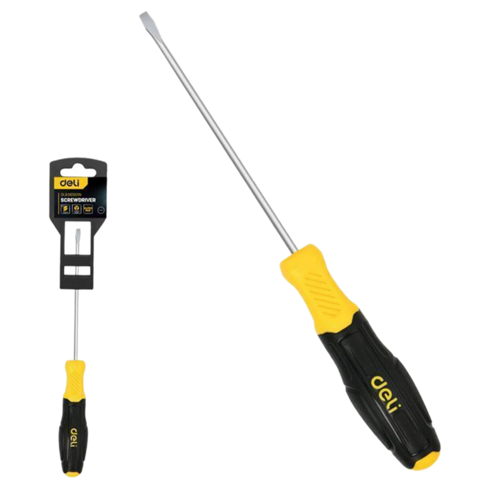 DL6361501N Deli Шлицевая отвертка Deli DL6361501N 6х150мм сталь Cr-V, двухкомпонентная прорезиненная рукоять