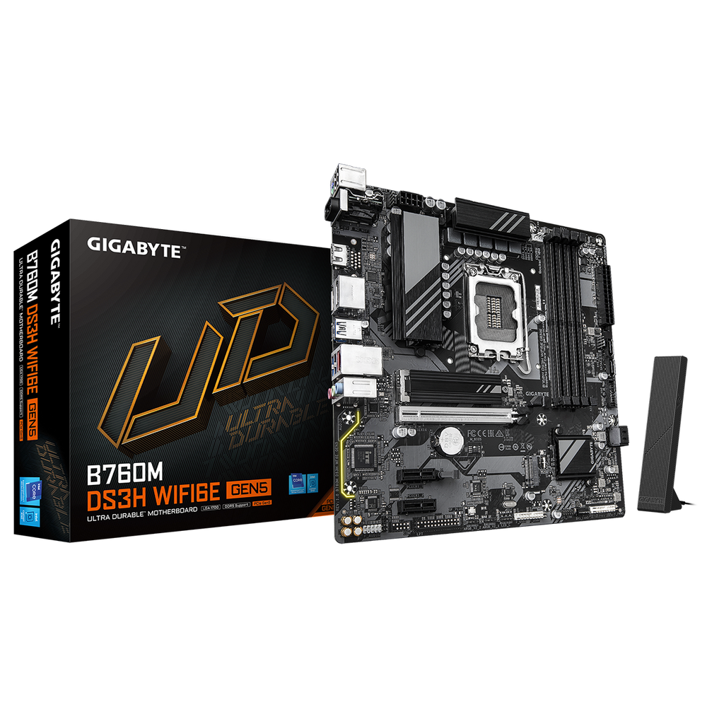 Материнская плата Gigabyte B760M DS3H WIFI6E GEN5 B760 Socket-1700 4xDDR5, 4xSATA3, RAID, 2xM.2, 1xPCI-E16x, 3xUSB3.2, 1xUSB3.2 Type C, D-Sub, 2xDP, HDMI, 2.5Glan, mATX