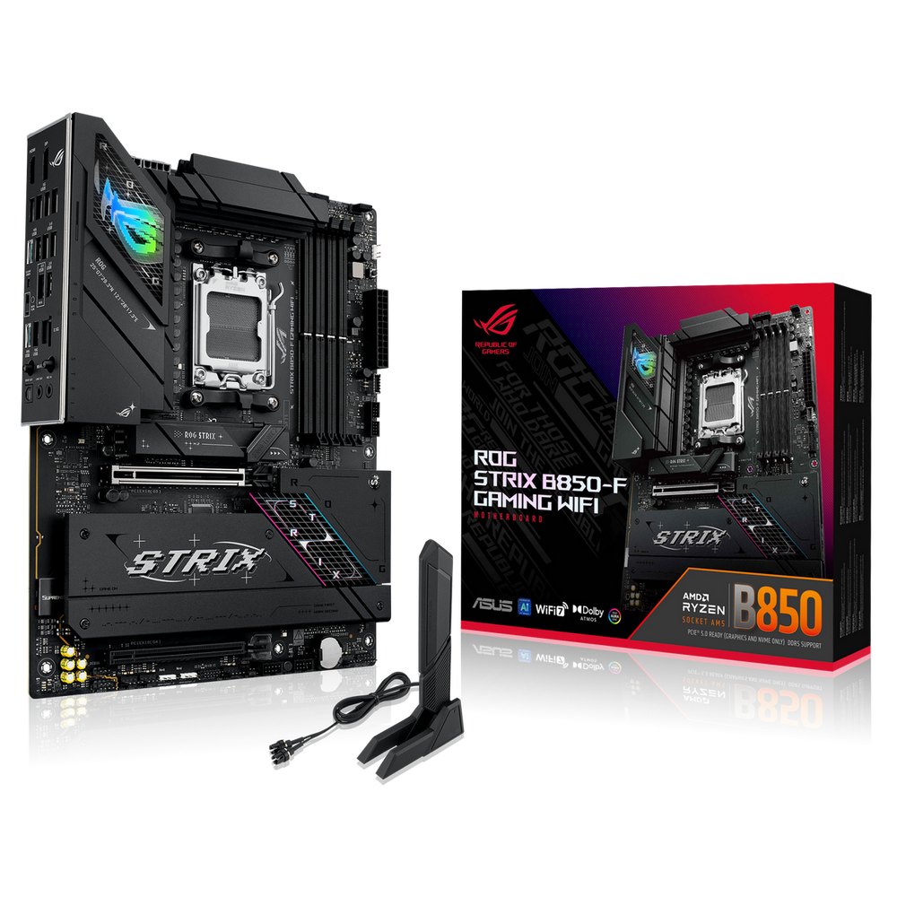 Материнская плата ASUS ROG STRIX B850-F GAMING WIFI, AM5, AMD B850, 4xDDR5, 2xSATA, 4xM.2, 1xPCIe 5.0 x16, 1xPCIe 4.0 x16, 1xPCIe x4, 1xDP, 1xHDMI, 1x2.5Gb LAN, 1xUSB-C 20Gbps, 1xUSB-C 10Gbps, 3xUSB-A 10Gbps, 4xUSB 5Gbps, 4xUSB 2.0, 3x3.5 мм, 7.1, ATX