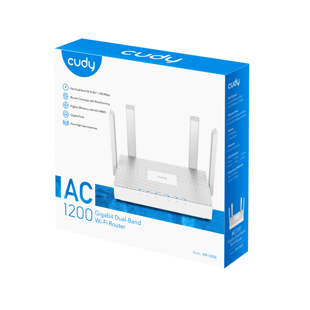 Маршрутизатор CUDY WR1300E AC1200 Gigabit Wi-Fi Router Dual Band, Chipset MediaTek, 3 × 10/100/1000Mbps RJ45 Ports, 4 x 5dBi fixed antennas,  WiFi router/AP/ Repeater/WISP Mode, 802.11ac/a/b/g/n, 867Mbps at 5GHz + 300Mbps at 2.4GHz, DDNS, WiFi Schedule, IPv6,  WPS,WPA3, IPTV, WOL, T