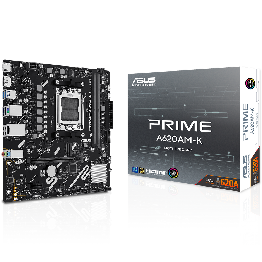 Материнская плата ASUS PRIME A620M-K, AM5, AMD A620, 2xDDR5, 4xSATA, 1xM.2, 1xPCIe 4.0 x16, 1xPCIe 3.0 x1, 1xHDMI, 1xDP, 1x1Gb LAN, 4xUSB-A 5Gbps, 2xUSB-A 2.0, 3x3.5 мм, 7.1, mATX