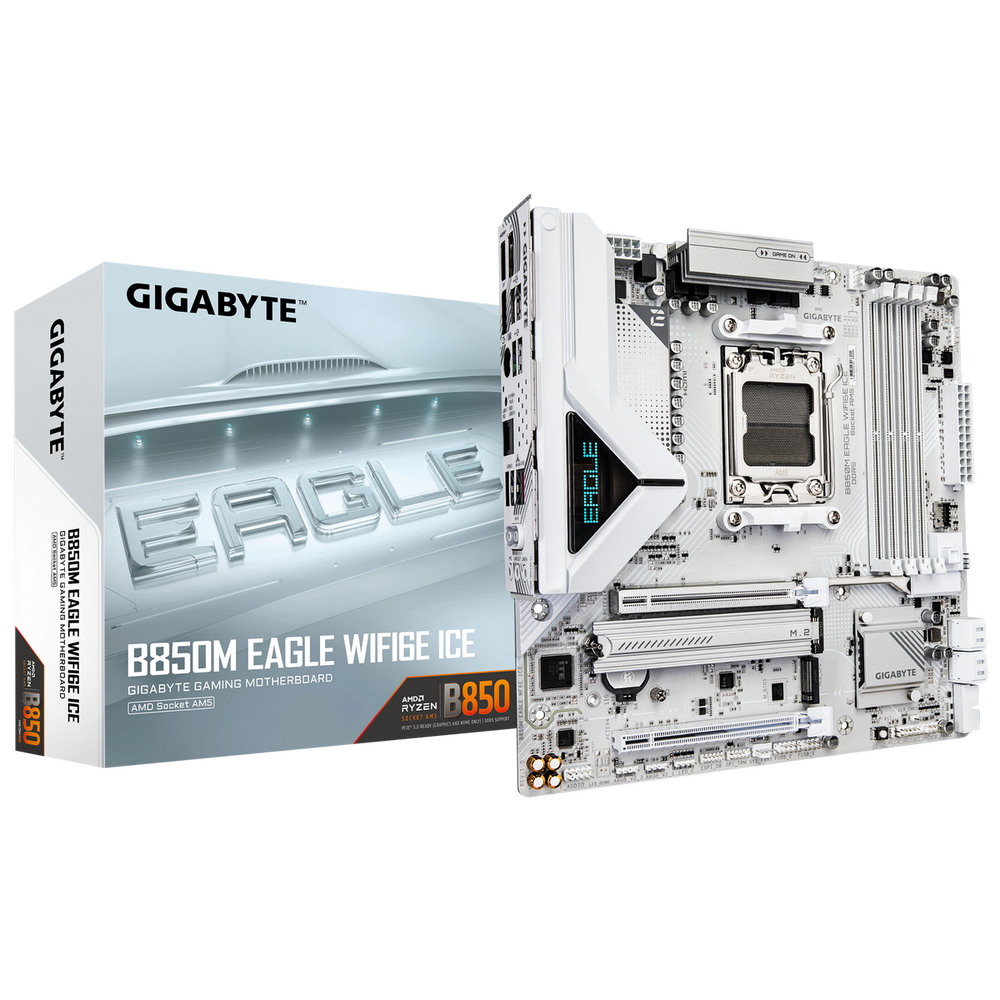 Материнская плата Gigabyte B850M EAGLE WIFI6E ICE, AM5, AMD B850, 4xDDR5, 4xSATA, 2xM.2, 1xPCIe 5.0 x16, 1xPCIe 3.0 x4, 1xHDMI, 2xDP, 1x2.5Gb LAN, Wi-Fi 6E, Bluetooth 5.3, 1xUSB-C 10Gbps, 1xUSB-A 10Gbps, 2xUSB-A 5Gbps, 4xUSB-A 2.0, 3x3.5 мм, 7.1, mATX