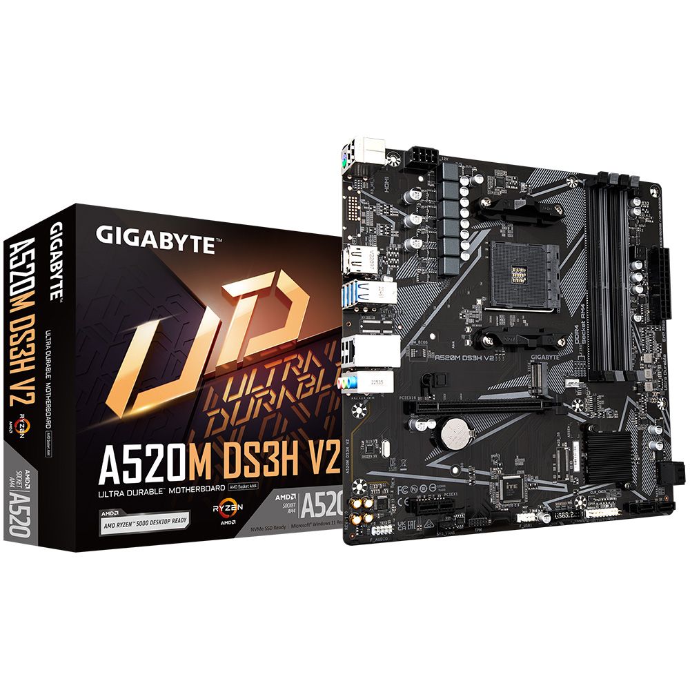 Материнская плата Gigabyte Bad Pack A520M DS3H V2, Socket AM4, AMD A520, 4xDDR4-3200, HDMI+DP, 1xPCI-Ex16, 1xPCI-Ex1, 4xSATA3(RAID 0/1/10), 1xM.2, 8 Ch Audio, GLan, (4+2)xUSB2.0, (4+2)xUSB3.2, 1xPS/2, mATX, RTL bp